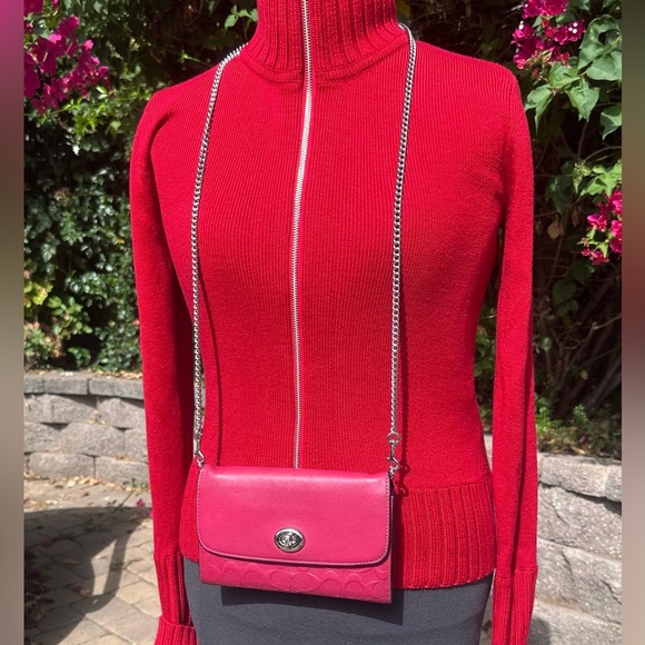 Coach Women's Signature Leather Chain Crossbody Red - Picture 1 of 16